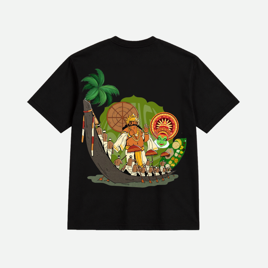 Kerala Heritage Graphic Oversized T-Shirt for Men | Kathakali, Theyyam & Snake Boat Printed Cotton Tee | Black Half Sleeve Casual Streetwear