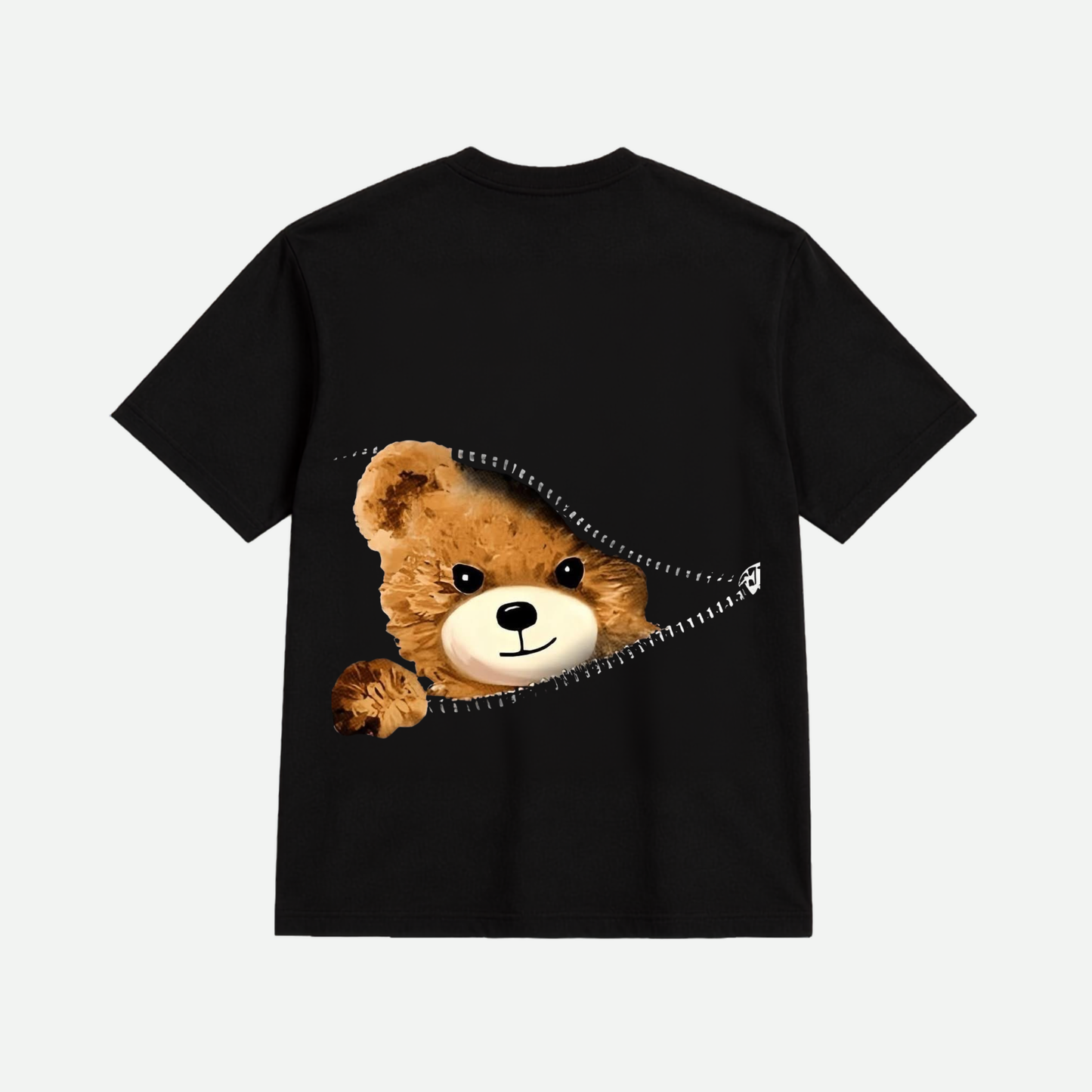 Cute Teddy Bear Zipper Peek Graphic Oversized T-Shirt for Men & Women | Premium Cotton Kawaii Back Print Tee