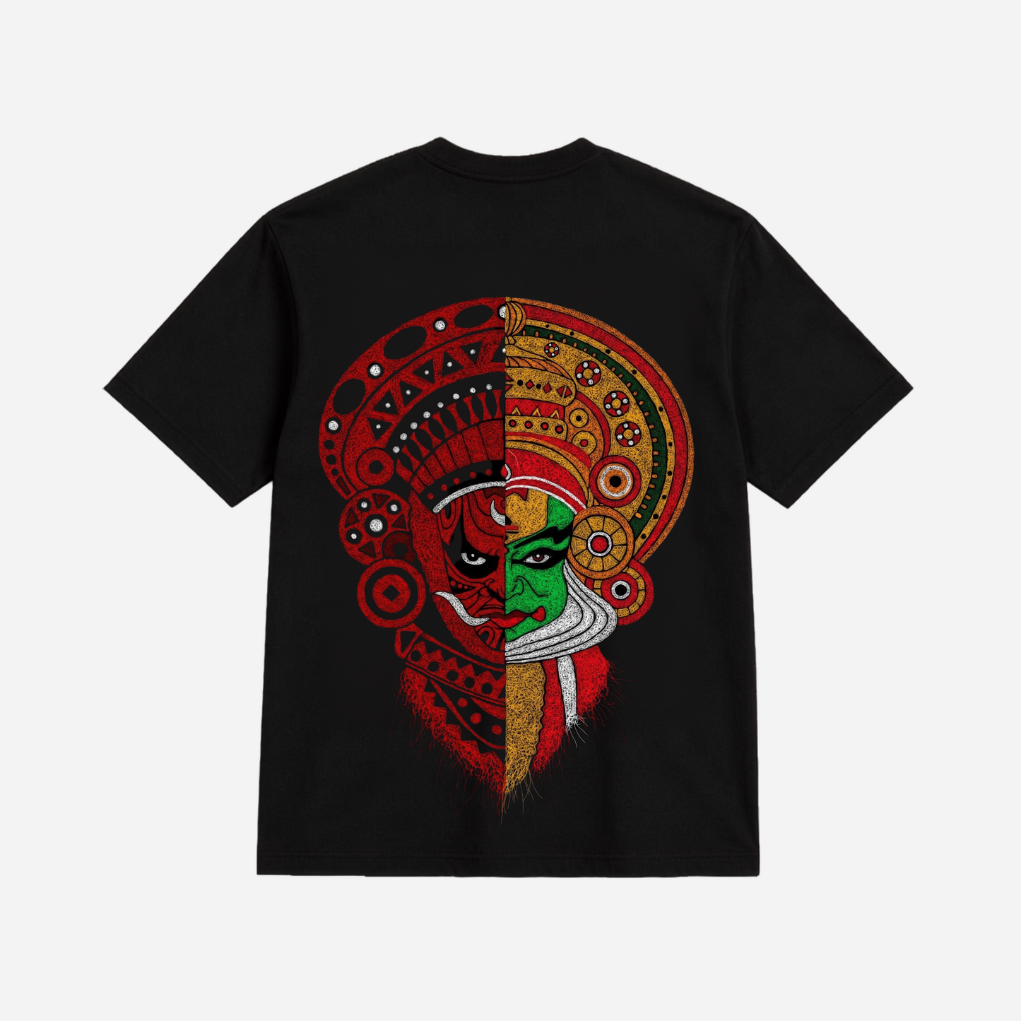 Half Theyyam Half Kathakali Oversized T-Shirt | Kerala Cultural Fusion Graphic Print | Premium Cotton Unisex Tee