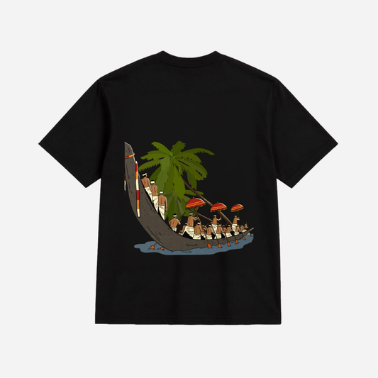 Kerala Snake Boat Race Graphic Oversized T-Shirt for Men | Vallam Kali Printed Cotton Tee | Black Half Sleeve Casual Streetwear