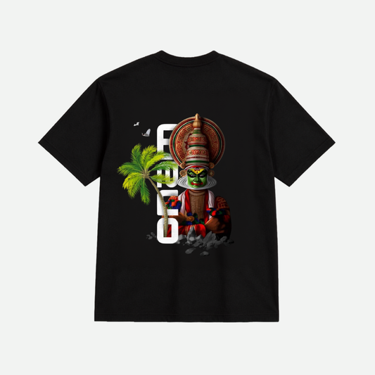 Kerala Kathakali Graphic Oversized T-Shirt for Men | Traditional Kerala Art Printed Cotton Tee | Black Half Sleeve Casual Streetwear