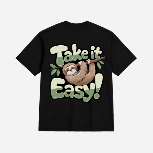 Take It Easy Sloth Graphic Oversized T-Shirt for Men & Women | Premium Cotton Unisex Black Printed Tee