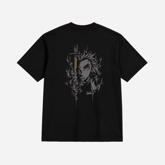 Flame Hashira Inspired Anime Oversized T-Shirt | Premium Back Print | Black Cotton Unisex Tee