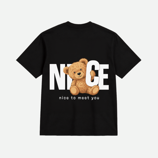 Cute Teddy Bear Oversized T-Shirt | Nice to Meet You Back Print | Premium Cotton Unisex Black Tee